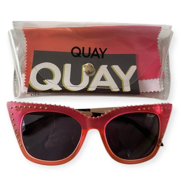 QUAY Harper Sunglasses Studded Coral Pink Frame Smoke Blackout Lenses Cateye - Picture 11 of 13
